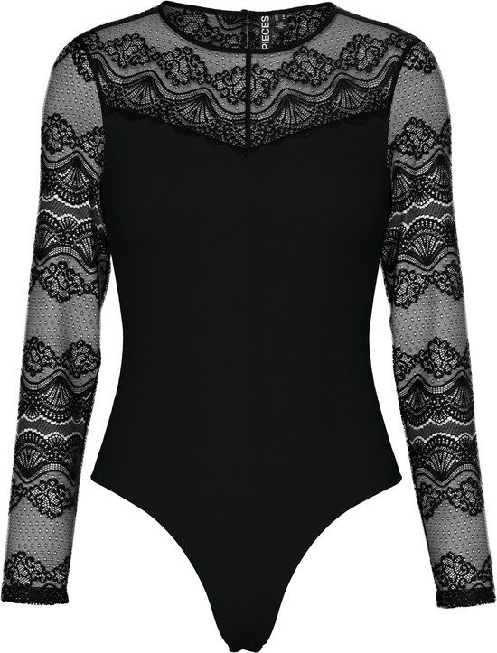 Pieces Kanten body dames - Lace top Sinna - Zwarte bodysuit lange mouwen met hoge hals - lingerie body - Zwart / XL