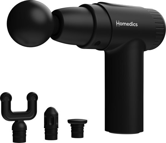 HoMedics NOVO mini Massage Gun - zeer Krachtig - 3 uur oplaadbare batterij - 4 opzetstukken - lichtgewicht en ultra stil - Zwart