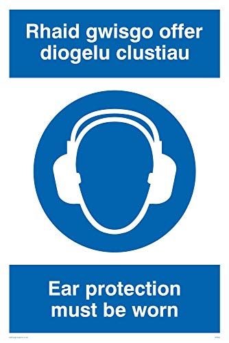 Viking Signs "Rhaid Gwisgo Aanbieding Diogelo Clustiau/Oor Bescherming Moet Worn" Sign - 3 mm Rigid Plastic - 300 x 200 mm