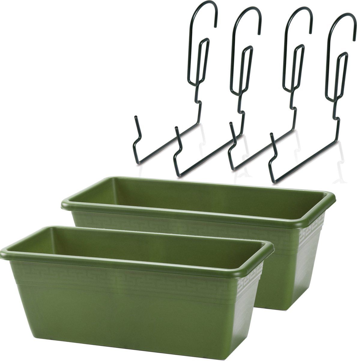 Forte Plastics 2x hangende reling plantenbakken donkergroen rechthoekig 40 x 18 x 15 cm