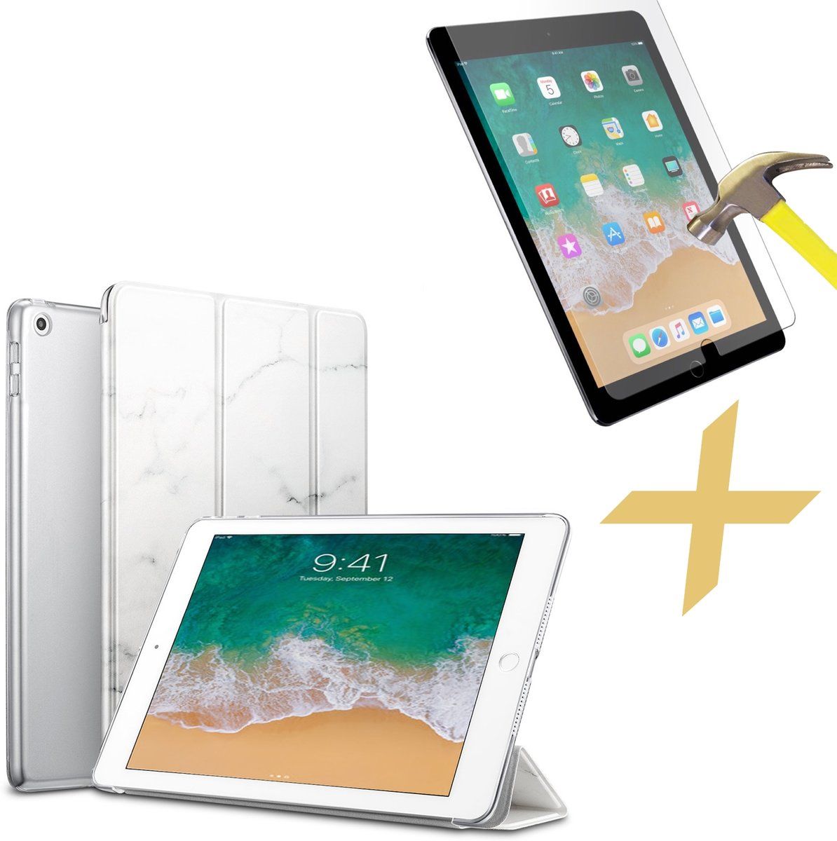 iCall Apple iPad Pro 10.5 Hoes Marmer Wit Tri-Fold Book Case Cover Leer + Screenprotector Tempered Gehard Glas