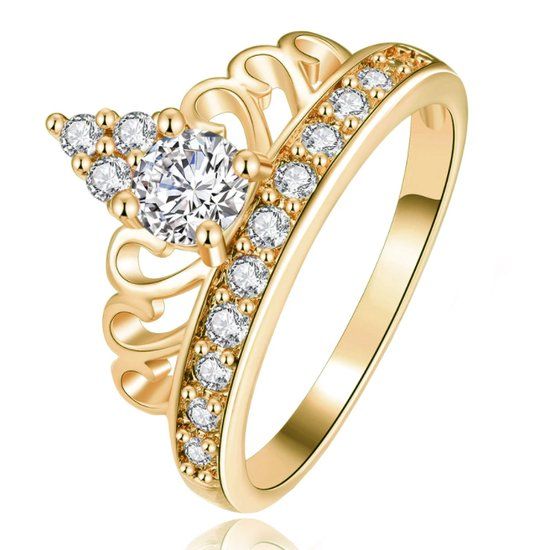 LGT JWLS Lookinggoodtoday Dames Ring Verguld met Kroon en Zirkonia Stenen-19mm