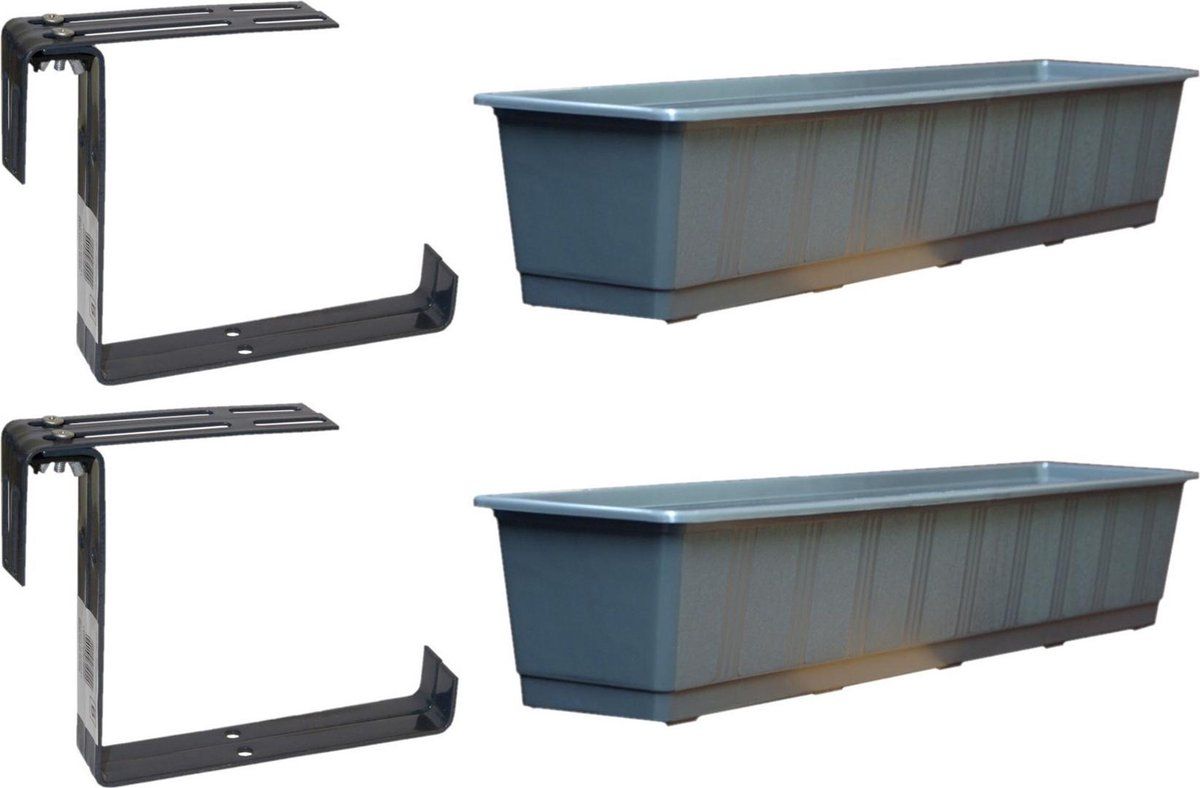 Geli Set van 3 kunststof plantenbakken grijs rechthoekig 80 cm met 6 verstelbare railing beugels