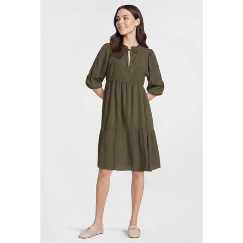 Anytime Anytime crinkle midi jurk met V-hals khaki