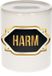Spaarpot Harm - wit - met goud/zwart embleem - 8 x 9 cm - keramiek - met afsluitdop - cadeau verjaardag