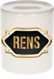 Bellatio Decorations Spaarpot met voornaam Rens - wit - met goud/zwart embleem - 8 x 9 cm - keramiek - met afsluitdop - cadeau verjaardag