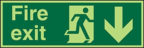 SECO Seco Fire Exit - Fire Exit, Man Running Right, Pijl wijzen naar beneden bord, 300mm x 100mm - Photoluminescent Zelfklevende Vinyl