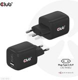 Club3D Travel Charger PPS 65Watt GAN technology, Triple port (2x USB Type-C + USB Type-A) Power Delivery(PD) 3.0 Support