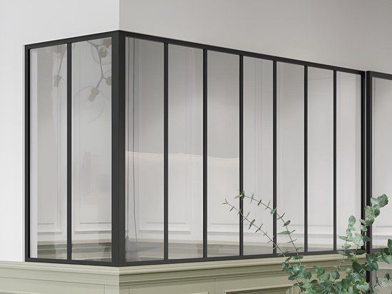 Glazen hoekbinnenraam in industriële stijl in gepoederlakt aluminium - L210 x L60 x H105 - Zwart - BAYVIEW L 210 cm x H 105 cm x D 60 cm