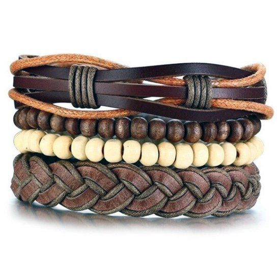 LGT JWLS LGT Jewels Leren armbanden Set Bruin Houten Kralen