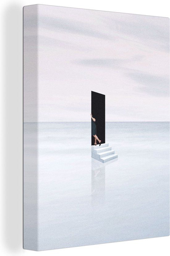 OneMillionCanvasses Canvas Schilderij - Abstract - Man - Deur - Trap - Wit - 30x40 cm