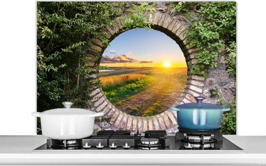 Spatscherm keuken 100x65 cm - Kookplaat achterwand Platteland - Doorkijk - Zon - Muurbeschermer - Spatwand fornuis - Hoogwaardig aluminium