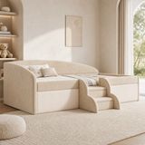 OKWISH Kinderbed 90x190cm Met Matras Slaapbank Met Stappen En Veiligheidshekje Voor Kinderen Stof Beige