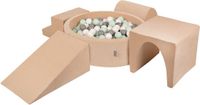 KiddyMoon Schuimrubberen speeltuin VELVET PPZP-OK30V-125 met zandbeige ballen: wit-grijs-mint zwembad 200/club L/groef/tunnel/trap