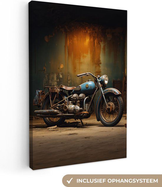 OneMillionCanvasses Canvas schilderij 120x180 cm - Motor - Blauw - Vintage - Wanddecoratie