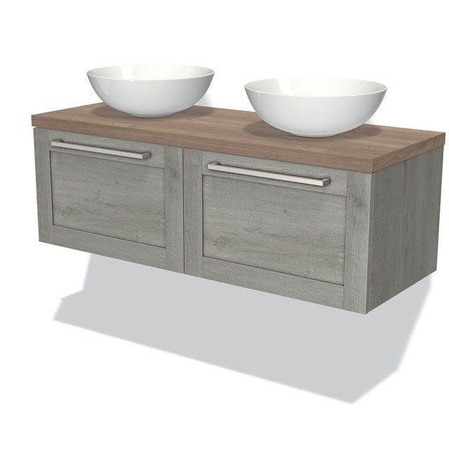 Maxaro Badkamermeubel voor Waskom 120cm Modulo Plato Grijs Eiken 2 Lades Kader Middenbruin Eiken Blad