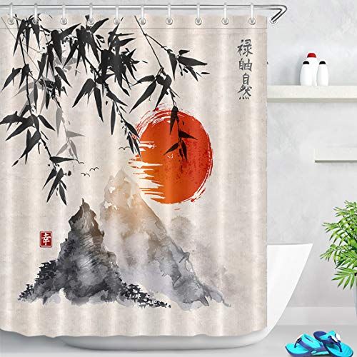L&B Japans Douchegordijn Bamboe Berg Rode zon 150x180cm