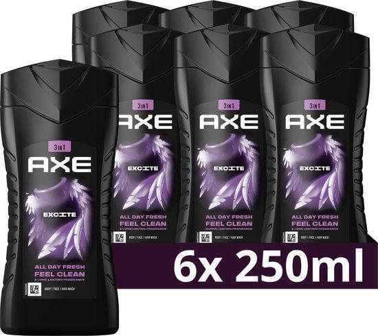 AXE Excite 3-in-1 Douchegel - 6 x 250ml - Frisse geur van kokosnoot en zwarte peper