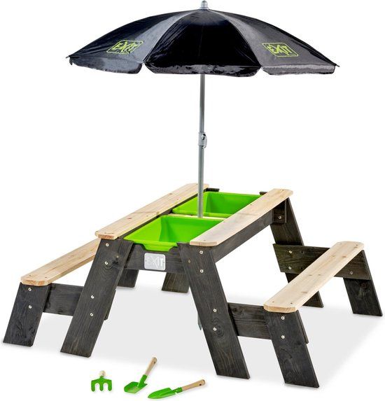 EXIT Aksent Zand-, Water- en Picknicktafel (2 bankjes) met parasol en tuingereedschap