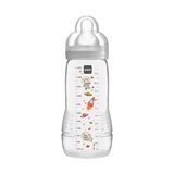 MAM Easy Active babyfles, 330 ml, met MAM maat 2 speen, gemaakt van SkinSoft siliconen, fles met ergonomische vorm, voor baby's vanaf 4 maanden, ruimtemotief