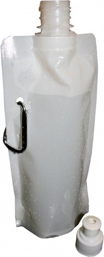 Set of 2x White Foldable Water Bottles with Carabiner - 400 ml - Reusable Drink Bag - Festival Gadget