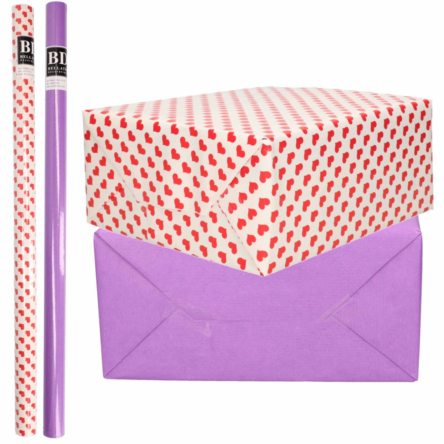 Bellatio Decorations Kraft Inpakpapier Liefde/Rode Hartjes - Paars - 200 x 70 cm