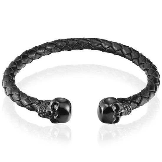 TJ Tom Jaxon Tom Jaxon Heren Armband Leer Doodshoofd Zwart