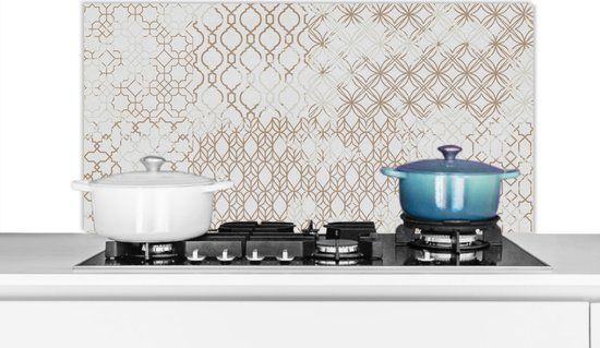 Spatscherm keuken 100x50 cm - Kookplaat achterwand Vintage - Tegels - Bruin - Wit - Aluminium