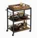 OEM Nova markt Keukenkar Serveertrolley met 3 Planken | Stalen Frame met Houten Accenten | Reling en Wielen | Zwart | 82 × 40 × 75 cm