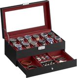 SONGMICS Horlogebox, horlogekast met glazen deksel, 2 lagen, voor 12 uur, afsluitbaar, 1 lade, voor ringen, armbanden, cadeau-idee, zwarte PU-hoes, wijnrode voering JWB012R01