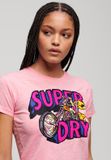 Superdry - Dames T-shirt met neon motorprint en aansluitende pasvorm - Romance Rose Pink Slub - Katoen - Korte mouw - Ronde hals - Regular Fit