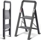 Famanu – Inklapbare trapladder met 2 treden, stevig aluminium frame, antislip treden, zwart
