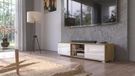 Meuble TV bas 120 cm, blanc brillant. Meuble TV en chêne naturel avec rangements, meuble TV aspect bois avec portes, style moderne, salon