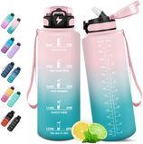 Unyqoos® Grande bouteille d'eau de 1,5 litre avec paille et marqueur de temps pour le sport et l'extérieur