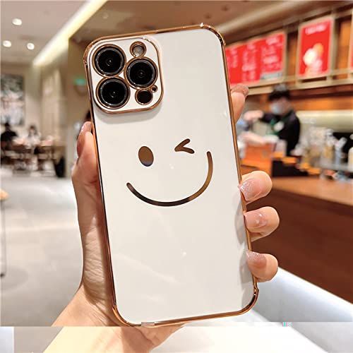 HUILUN Leuke Cartoon Glimlach Plating Frame Telefoon Case Voor iPhone 11 12 13 Pro Mini XR XS Max Soft Silicon Protection Cover op SE2 7 8 Plus, witte telefoon case, Voor iPhone 13