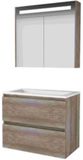 Basic-Line Premium 46 Badkamermeubelset - 80 x 46 cm - Greeploos - 2 Lades - Acryl Wastafel - Zonder Kraangat - Spiegelkast met LED Verlichting - Scotch Oak