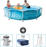 Intex Rond Frame Zwembad - 305 x 76 cm - Waterprint - Inclusief Zwembadfilterpomp - Solarzeil - Ladder