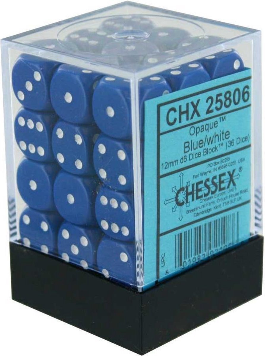 Chessex Dobbelsteen Set Blauw/Wit 12mm (36stuks)