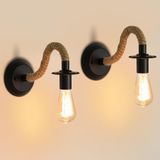 Comely 2 Stuks Retro Wandverlichting, Jute Touw Zwart E27, Industriële Binnenlamp voor Slaapkamer, Woonkamer, Trap, Gang (zonder Lamp)