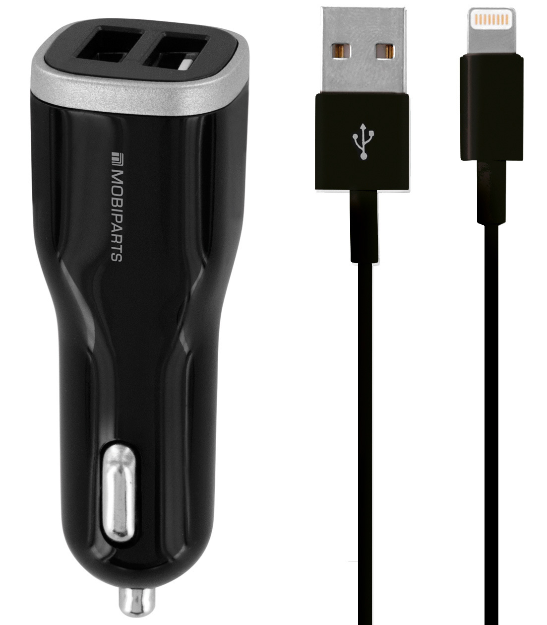 Mobiparts Car Charger Dual USB 4.8A + Lightning Cable Black