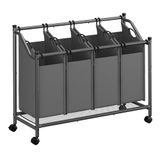 Songmics Wasmand met wielen, wasmand met 4 verwijderbare waszakken, waswagen, wasmand, voor wasruimte, slaapkamer, badkamer, 4 x 45 L, leisteengrijs RLS103G01