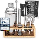 VINENCO Cocktailshaker Set Manhattan met Houten + Recepten Boek: 13 Delig RVS Staal Premium Barkeeper Kit