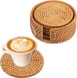 Sous-verres en rotin avec support - Set de 6 sous-verres en liège ronds pour boissons - Tasses - Bar - Décoratif
