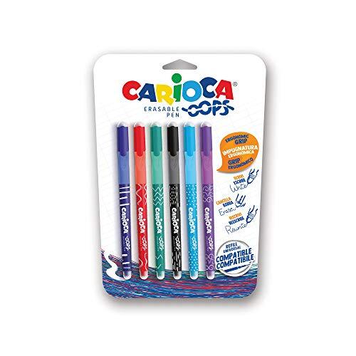 Carioca Oops | Uitwisbare, Hervulbare Rollerball Pennen Set voor School en Kantoor met Dubbele Gum en Egonomische Handgreep, Verschillende Kleuren, 6 Stuks