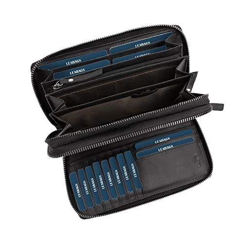 LEABAGS Lederen portemonnee voor dames, grote portemonnee met RFID-bescherming, echt leer, XXL, grote damesportemonnee, 29 kaartvakken, portemonnee met muntvak, dubbele ritssluiting, natuur zwart, Eén