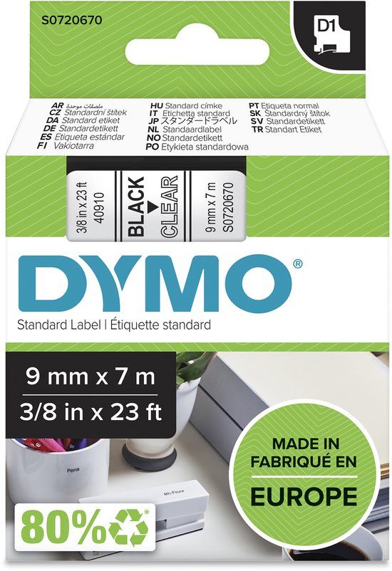 DYMO D1 labels | Zwarte Tekst op Doorzichtig Label | 9 mm x 7 m