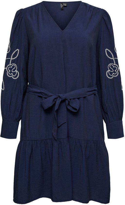 Vero Moda Curve Jurk VMCANYA Lange Mouw V-hals A-lijn Viscose Navy Blazer