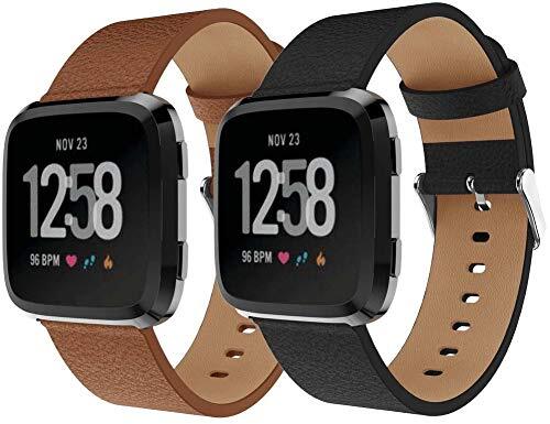 Chainfo Genuine Leather Watch Band compatibel met Fitbit Versa 2 / Versa 2 SE / Versa Lite / Versa smartwatch, Replacement Vintage Watch Strap for Men Women with Stainless Steel Buckle (Pattern 2+Pattern 3)