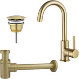 Fortifura Calvi Wastafelkraanset - hoge wastafelkraan - draaibare uitloop - always open plug - verlaagde design sifon - PVD - geborsteld messing (goud)