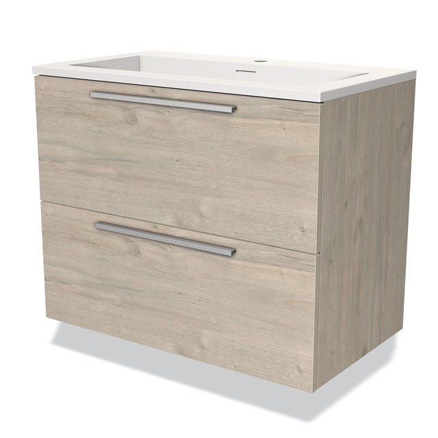 Maxaro Badkamermeubel 80cm Modulo Lichtgrijs Eiken 2 Lades Vlak Wastafel Solid Surface